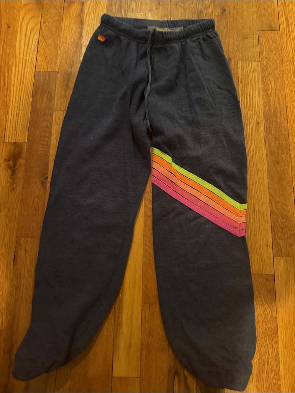 Aviator Nation Black Track Pants with Pink, Orange & Lime Chevron Stripe